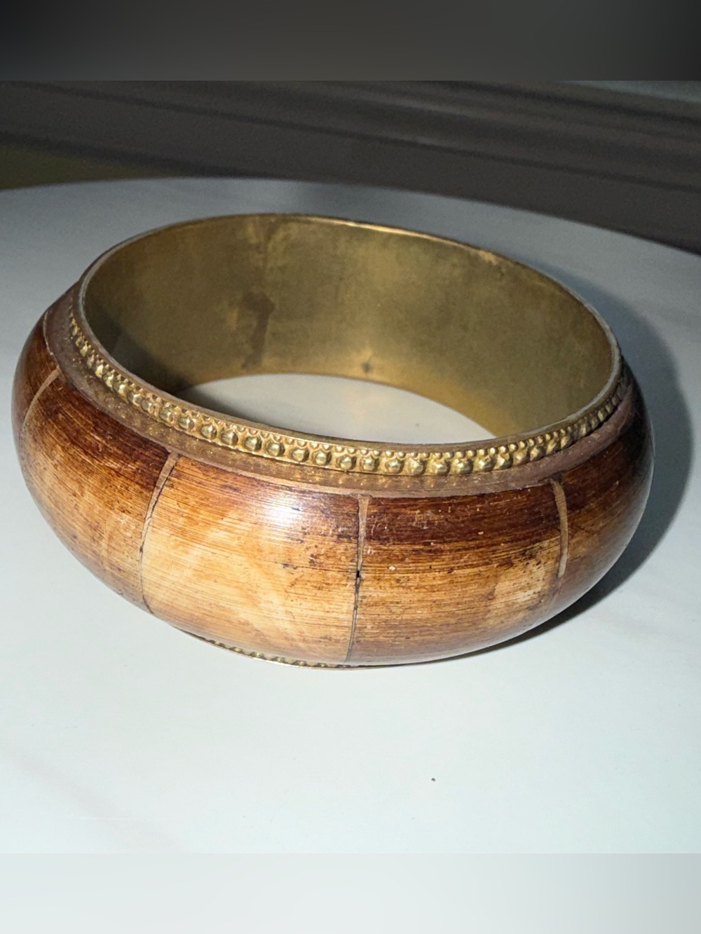Vintage 60's 70's BOHO Bone and Brass Bangle Bracelet Natural Brown Cream Hippie
